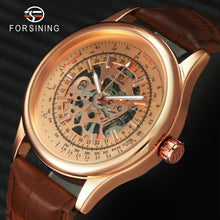 Load image into Gallery viewer, FORSINING Fashion Retro Men Mechanical Watch Brown Leather Strap Rose Golden Skeleton Dial Transparent Case relogio masculino
