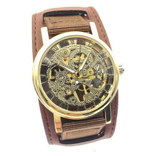 Load image into Gallery viewer, Golden Tone Hollow Skeleton Mens Lady Women Wind Up Mechanical Analog Wrist Watch Brown Leather Band Gift Wholesale Price A368