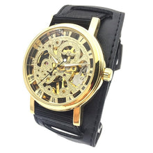 Load image into Gallery viewer, Golden Tone Hollow Skeleton Mens Lady Women Wind Up Mechanical Analog Wrist Watch Brown Leather Band Gift Wholesale Price A368