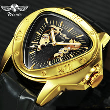 Load image into Gallery viewer, WINNER Official Sports Automatic Mechanical Men Watch Racing Triangle Skeleton Wristwatch Top Brand Luxury Golden + Gift Box