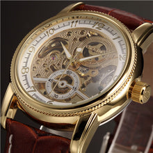 Load image into Gallery viewer, Men Wrist Watches Luxury Golden Skeleton Mechanical Steampunk Male Clock Automatic Wristwatch Leather Strap Herren Horloges