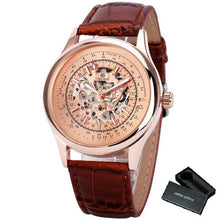 Load image into Gallery viewer, FORSINING Fashion Retro Men Mechanical Watch Brown Leather Strap Rose Golden Skeleton Dial Transparent Case relogio masculino