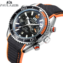 Load image into Gallery viewer, Men Automatic Self Wind Mechanical Canvas Rubber James Bond 007 Style Orange Blue Multifunction Date Month Sport Watch