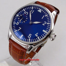 Load image into Gallery viewer, new arrive 44mm PARNIS blue dial luminous marks hand winding 6497 mechanical mens watch P1257