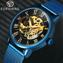 Load image into Gallery viewer, FORSINING Fashion Casual Mechanical Watch Men Golden Skeleton Dial Blue Mesh Strap Mens Watches Top Brand Luxury Wristwatches

