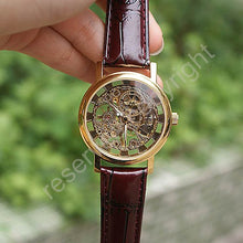 Load image into Gallery viewer, Golden Tone Hollow Skeleton Mens Lady Women Wind Up Mechanical Analog Wrist Watch Brown Leather Band Gift Wholesale Price A368
