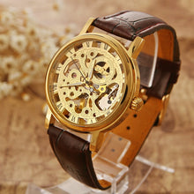 Load image into Gallery viewer, Golden Tone Hollow Skeleton Mens Lady Women Wind Up Mechanical Analog Wrist Watch Brown Leather Band Gift Wholesale Price A368
