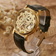 Load image into Gallery viewer, Golden Tone Hollow Skeleton Mens Lady Women Wind Up Mechanical Analog Wrist Watch Brown Leather Band Gift Wholesale Price A368

