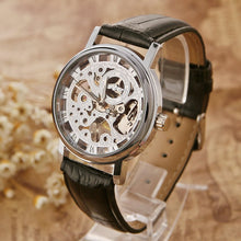 Load image into Gallery viewer, Golden Tone Hollow Skeleton Mens Lady Women Wind Up Mechanical Analog Wrist Watch Brown Leather Band Gift Wholesale Price A368
