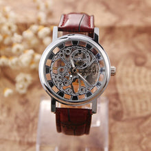 Load image into Gallery viewer, Golden Tone Hollow Skeleton Mens Lady Women Wind Up Mechanical Analog Wrist Watch Brown Leather Band Gift Wholesale Price A368
