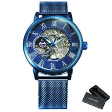 Load image into Gallery viewer, FORSINING Fashion Casual Mechanical Watch Men Golden Skeleton Dial Blue Mesh Strap Mens Watches Top Brand Luxury Wristwatches
