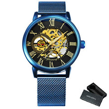 Load image into Gallery viewer, FORSINING Fashion Casual Mechanical Watch Men Golden Skeleton Dial Blue Mesh Strap Mens Watches Top Brand Luxury Wristwatches
