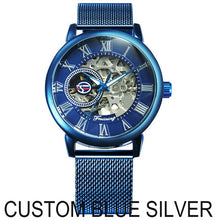 Load image into Gallery viewer, FORSINING Fashion Casual Mechanical Watch Men Golden Skeleton Dial Blue Mesh Strap Mens Watches Top Brand Luxury Wristwatches
