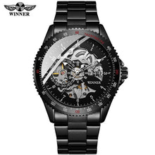 Load image into Gallery viewer, WINNER 2019 Black Stainless Steel Mens Skeleton Watches Top Brand Luxury Transparent Mechanical Male Automatic Wrist Watch
