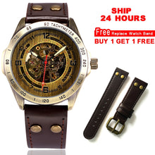 Load image into Gallery viewer, Automatic Watch Men Skeleton Mechanical Watch Steampunk Vintage Bronze Leather Transparent Watches montre homme Ship 24 hours
