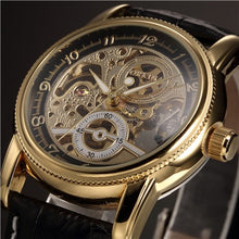 Load image into Gallery viewer, Men Wrist Watches Luxury Golden Skeleton Mechanical Steampunk Male Clock Automatic Wristwatch Leather Strap Herren Horloges
